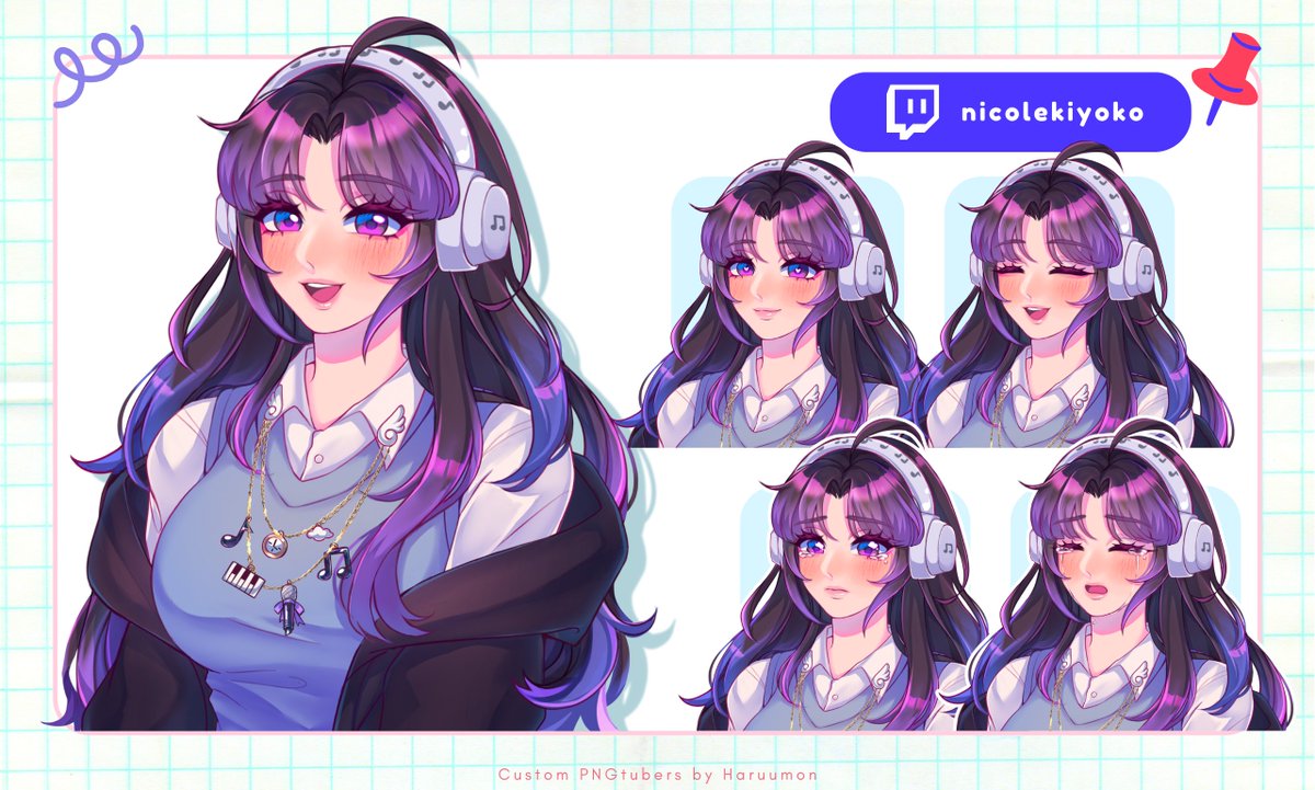 SHOWCASE SHEET!! ☁ ヾ(≧▽≦*)o  

Hello!! Nicole here! Your time traveler got a PNGTuber update~ and I finally remembered to post it! 🤍

🎧 : nicolekiyoko.crd.co
🎤 : twitch.tv/nicolekiyoko
🎨 : <a href="/haruumon/">Ru🐹💙 comms open</a> | #DrawKiyoko