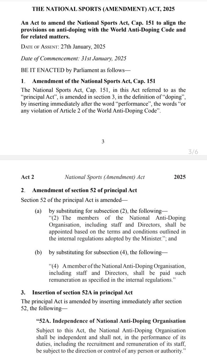 SilverKayondo's tweet image. Legal alert: The National Sports (Amendment) Act, 2025 of #Uganda commenced on 31 January 2025.

The objective is to align with the World Anti-Doping Code.

#SportsLaw #doping