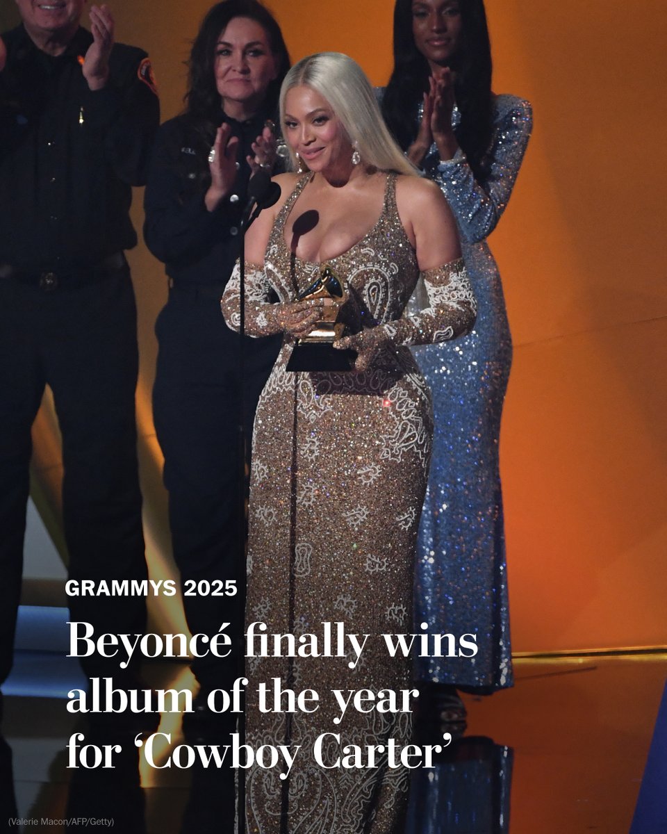Beyoncé wins the biggest award of the night: album of the year for “Cowboy Carter.” This is her first win in the category.

“I feel so full and honored,” she said. “It’s been many, many years.” wapo.st/40X0sEN