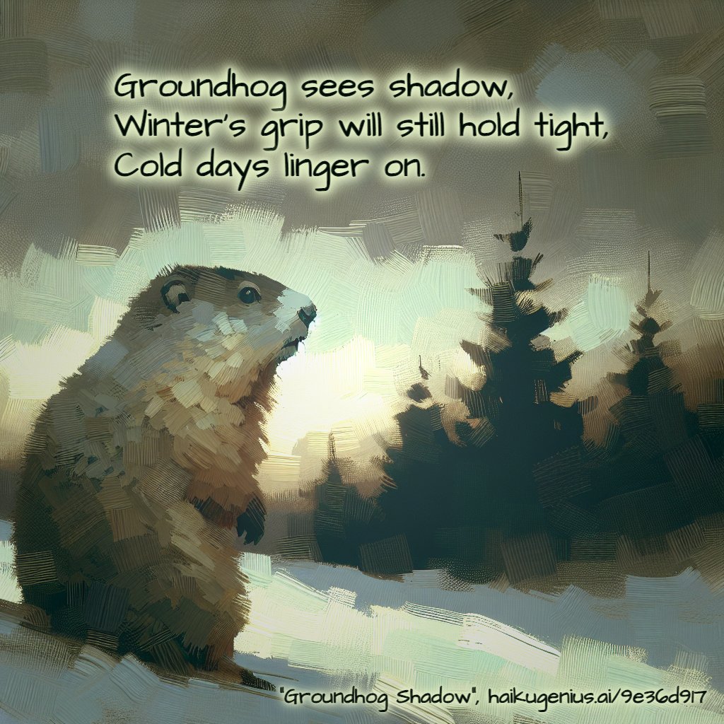 haiku_genius's tweet photo. Groundhog sees shadow,
Winter's grip will still hold tight,
Cold days linger on.
"Groundhog Shadow", https://t.co/AaetbmtFMG
Love this haiku? ✨ Create your own with stunning generative art—free and no signup needed! Try it now: https://t.co/3zDbm9icht
#GroundhogShadow #haiku #haikudaily #haikuoftheday #dailyhaiku #haikumonday #haikugenius #AI #aiart #aiartdaily #aicreation #dalle #dalle3 #chatgpt