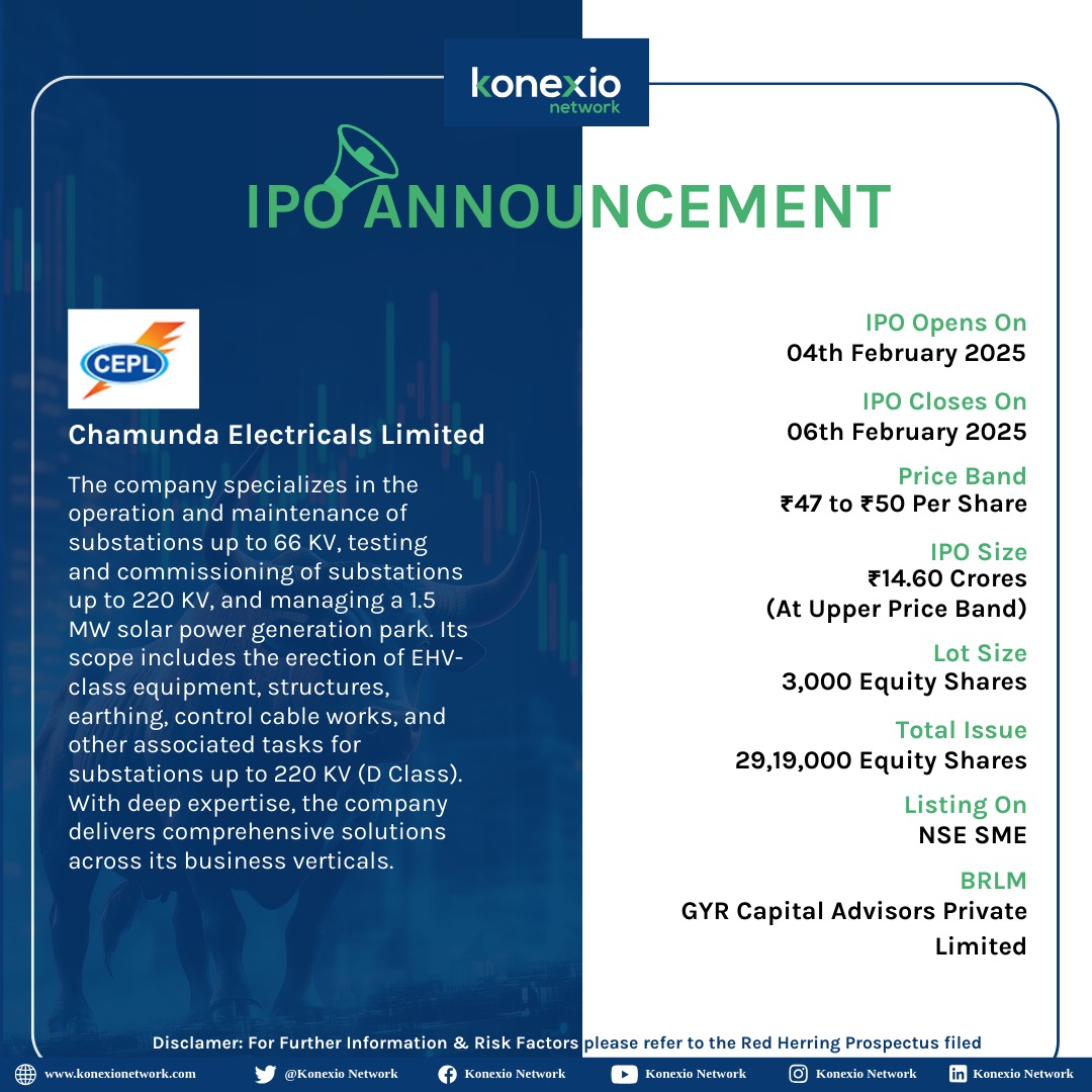 KonexioNetwork's tweet photo. Chamunda Electricals Limited is going public with it's IPO
Stay Tuned For More Such Updates!
#nse #marketofstocks #sharemarketindia #ipoalert #ipoopens https://t.co/ESpT6fa3R9