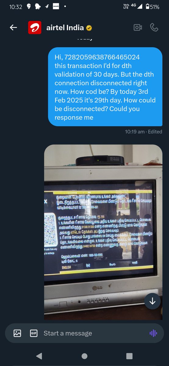 csanthoshi's tweet photo. @airtelindia can you resolve this issue at earliest? Recharged for service connection 3029871008 with validity of 30 days. But it disconnected 29th day (today) itself https://t.co/KByrwsfgqc