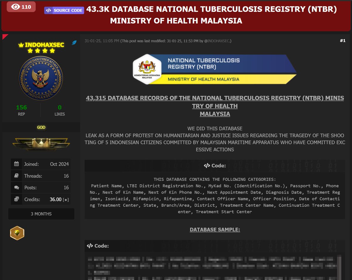 Indonesian Hacker Group "INDOHAXSEC" Claims Data Breach of Malaysia’s National Tuberculosis Registry

An Indonesian hacker group, INDOHAXSEC, has posted on a hacking forum claiming responsibility for a data breach affecting Malaysia’s National Tuberculosis Registry (NTBR) under