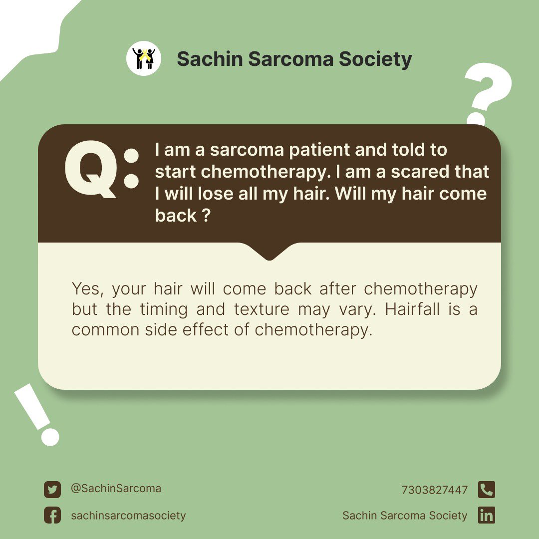 SachinSarcoma's tweet photo. Will my hair grow back after chemotherapy?
This is a common concern of #sarcoma patients. 
The answer is that hair comes back after chemotherapy but the timing and texture may vary.
#awareness #education #companionship #cancer #commonconcern https://t.co/WsQQZ9fuSR