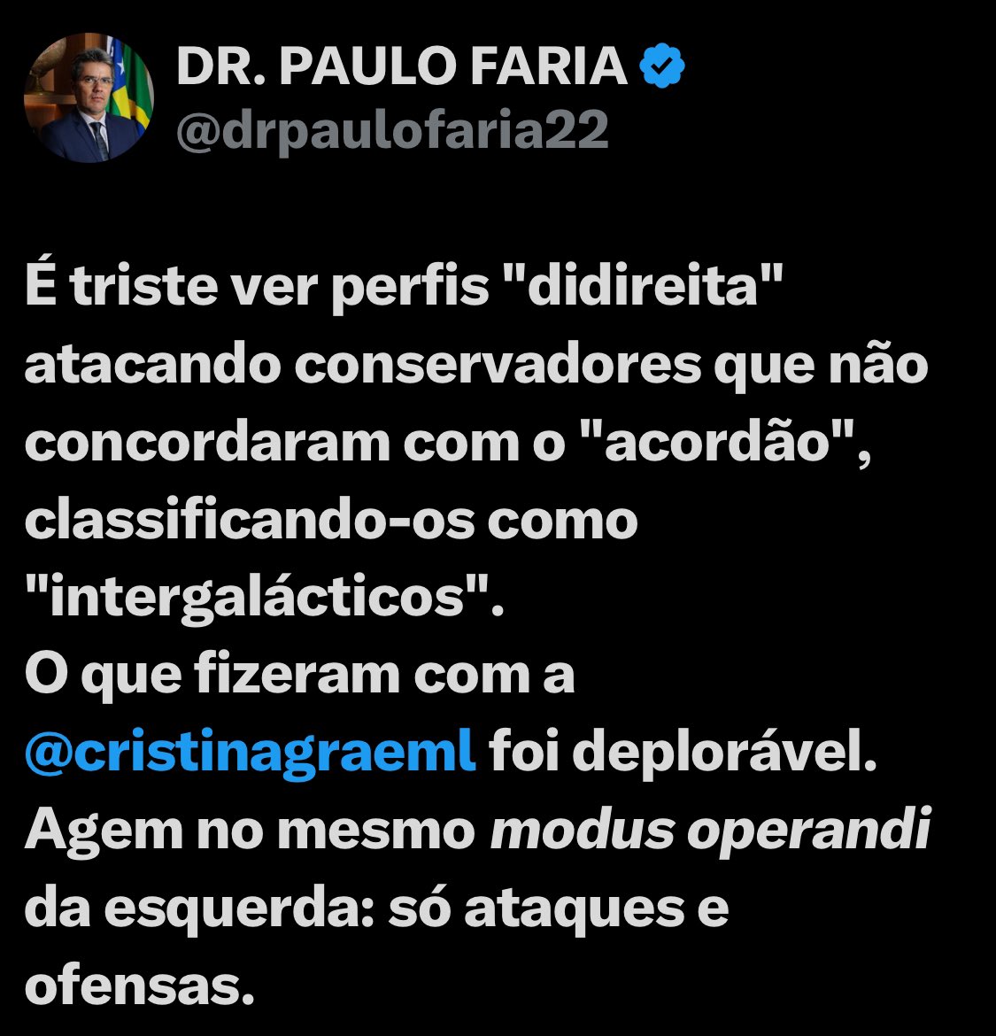 cristinagraeml's tweet photo. Obrigada @drpaulofaria22 não só por me defender de tantos ataques grosseiros, mas pela eterna  defesa da liberdade de expressão e do respeito a quem pensa diferente. 

A quem estiver pensando em seguir com a intolerância, lembro que o Dr Paulo Faria é o advogado que bravamente enfrenta os tiranos de toga para defender o preso político Daniel Silveira, vítima, não só do abuso de autoridade do STF, mas tbém de deputados como Hugo Motta, que votaram pela cassação do mandato dele, jogando-o aos abutres da democracia.