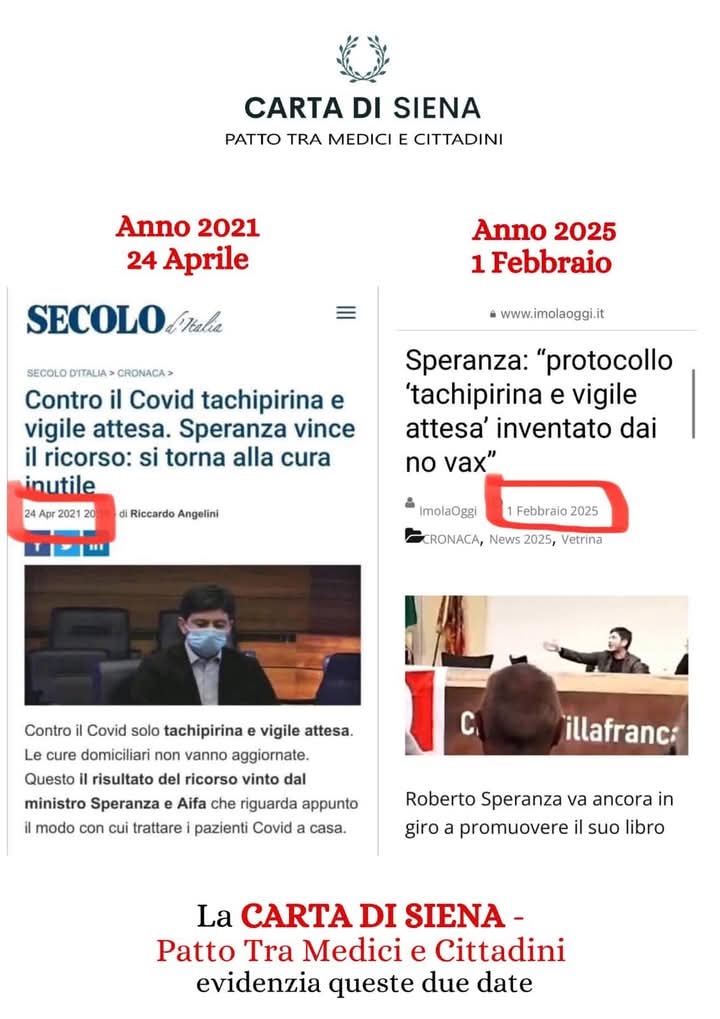 itsmeback_'s tweet photo. Si Raccomanda la Massima Diffusione.🙏

Ecco il “Protocollo della Morte” diramato dall’Ordine dei Medici Regione Lombardia il 3 novembre 2020 e presente sul sito Ordine dei Medici di Bergamo dove poi a fondo pagina metterò il link.

Terapia Suggerita per andare in ospedale e finire intubati per poi morire:

Utilizzare il paracetamolo nel trattamento della febbre (fino a 3g/die, divisi in 3 dosi, ad almeno 6 ore di distanza).
- Abbondante idratazione per via orale se non controindicata.
Sedativi per la tosse al bisogno (se interferenza con il sonno).
- Tosse e dispnea potrebbero migliorare con l'auto-pronazione (evidenza debole/molto bassa)5.
- In caso di diarrea evitare trattamenti che riducano la motilità intestinale e supportare con
idratazione orale
- Ricordare l'importanza di una corretta alimentazione.

Ad oggi, in pazienti ospedalizzati con malattia grave (necessitanti ossigenoterapia e/o ventilazione), è stato dimostrato un chiaro beneficio in termini di sopravvivenza della terapia steroidea.

Per riassumere Tachipirina attendere il peggioramento per la miglior terapia possibile, ossigeno e cortisone.

No ad Azitromicina 500 che da pubblicazioni scientifiche ha in azione anche antivirale 

No ad Eparina perché se il soggetto si muove non serve…peccato non andavano valutate le trombosi agli arti inferiori ma ai polmoni.
Che intasandosi di trombi portavano a morte veloce il paziente.

Infatti i polmoni di un cadavere morto per Covid pesano ben 5 volte in più dei polmoni di un cadavere morto x altra malattia.
Questo perché sono pieni di sangue trombizzato dovuto alla Proteina Spike.

Altra stupidata galattica attendere il tampone per un eventuale NON-CURA.

Purtroppo i miei dati ufficiali e presenti sui server di Regione Lombardia e ATS Insubria certificano che ho zero morti su 2000 pazienti infetti curati non seguendo questi ordini.

Ovviamente la Cura era ben altra cosa ed era esattamente il contrario di quanto ordinato dall’Orfine dei Medici Regione Lombardia ( che non è l’ordine dei fruttivendoli)

Cura.

Ai primi sintomi 
Chiedi il tampone ma soprattutto osservi la clinica.
Se il paziente inizia con la febbricola è satura bene si aspetta un giorno o due per fare in modo che il sistema immunitario non indebolito dal cortisone inizi a lavorare per produrre anticorpi specifici naturali.
Ovviamente il paziente va seguito tutti i santi giorni perché un ritardo anche di due tre giorni può portare il paziente grave in ospedale.

Pertanto si lavora sempre sabato e domenica inclusi.

Terapia Precoce ( senza attendere il risultato del tampone) Appena la febbre si alza sopra i 38 gradi oppure anche subito se la malattia Covid parte con febbre alta.

Azitromicina 500 mg una al giorno
Plaquenil 200 mg due al giorno
Soldesam 96 goccia al giorno 
Seleparina 4000 ui una puntura matt e pomeriggio 
Vitamina D almeno 100.000 ui giornaliere x 6 giorni 

Ovviamente si può variare sostituendo il Soldesam con Deltacortene da 25 mg 

Introducendo eventualmente il Rocefin da 1 grammo due punture al di.

E’ stata una terapia definita “ Sartoriale” specifica per ogni paziente.

Però i farmaci a cui attingeva il medico erano quelli.

Personalmente ho firmato questa terapia dando il mio consenso di accordo con i professori dell’ Università di Yale a New Haven nel Connecticut.

- Dott. Carlo Bruni

Link del protocollo della Morte⤵️ https://t.co/35rddYSZkw

👇👇👇