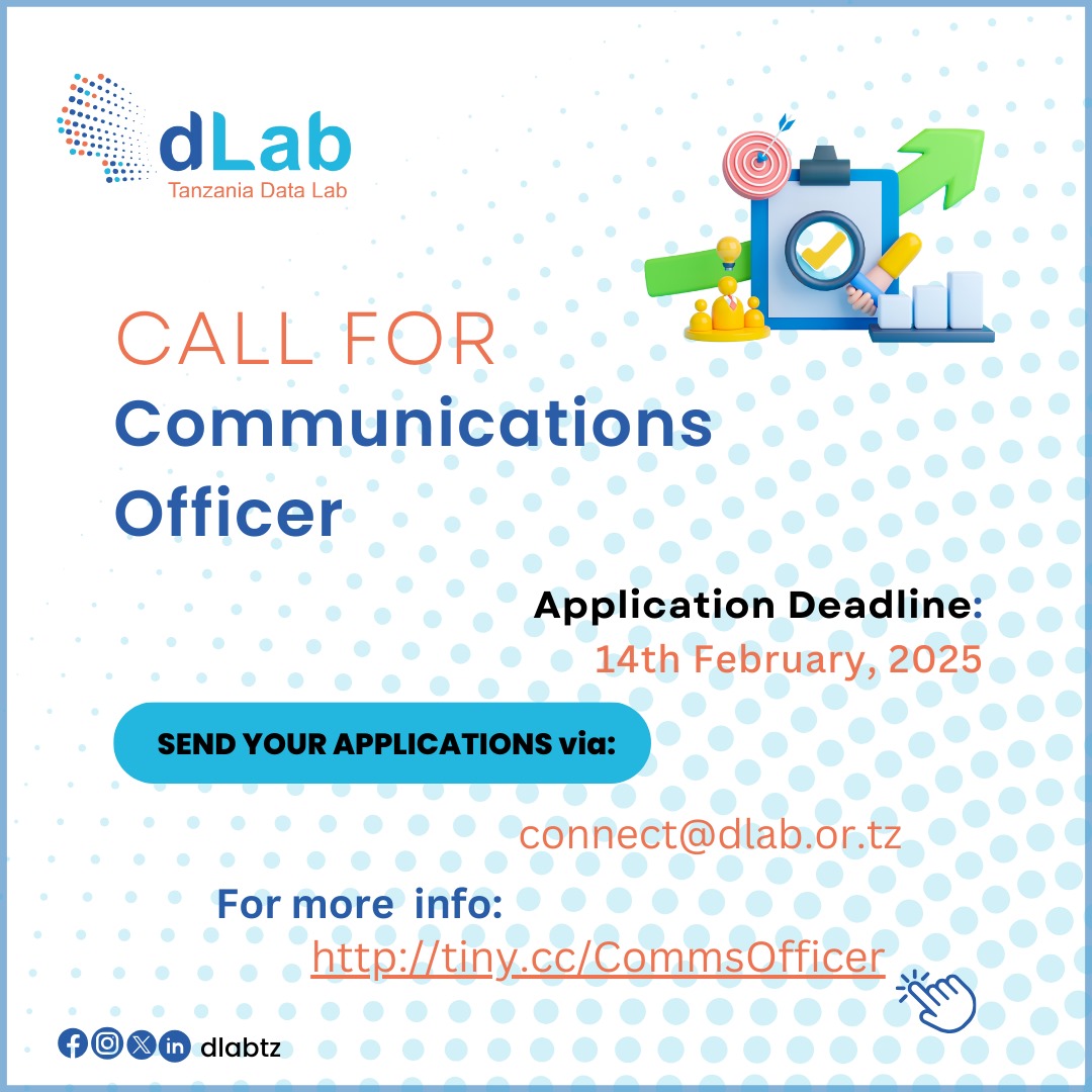 dLabTz's tweet photo. 📢 dLab invites qualified individuals to apply for the Communications Officer position.

For more information, kindly visit; https://t.co/J0tMxc7X5F

The deadline for submission is 14th February, 2024.

#DataRevolutionTz #dLabTz https://t.co/xGhmKDjSjG