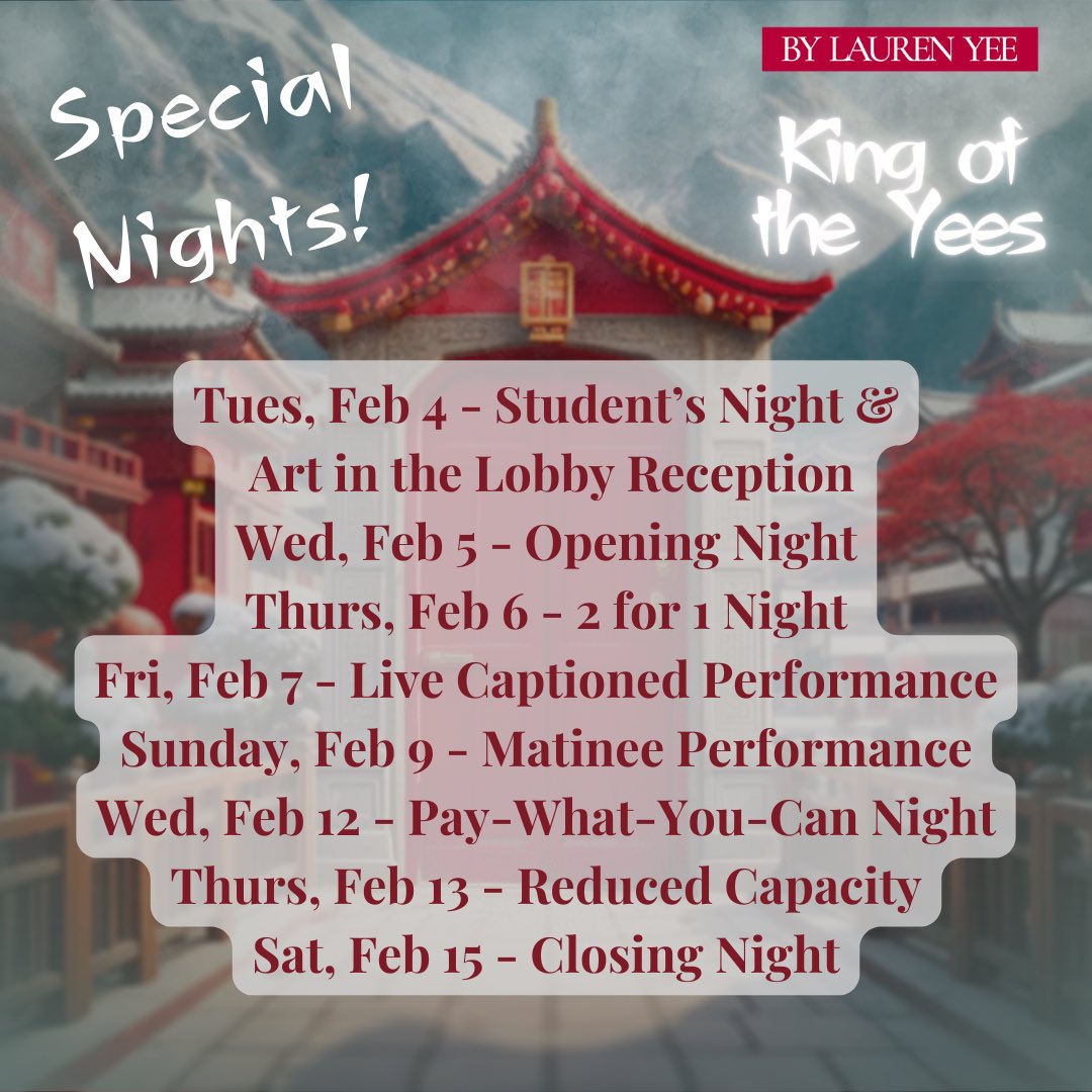 OPENING SOON! 
We have several Special Nights to accommodate every audience member! Find the one that fits you best! 

KING OF THE YEES
February 5-15, 2025
By Lauren Yee
Directed by Barbara Mah

Tickets: showcase.com/o/walterdale-t…
#yegtheatre #kingoftheyees #ChineseStories