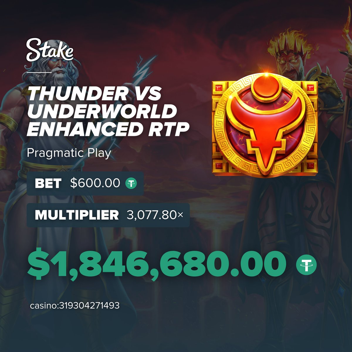 Stake's tweet photo. Red hot win comin' through! 🥵

This huge Thunder vs Underworld hit turned a $600 bet into over $1.8 million! ⚡️ https://t.co/d6FXXGupet