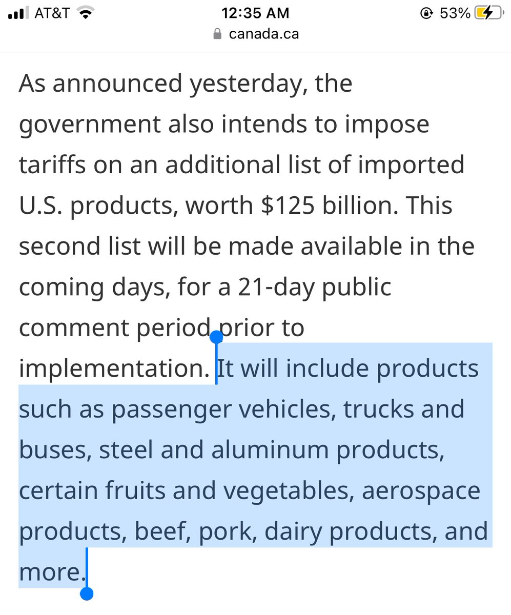 Canada plans to add more products to its tariff list. Several broad categories are listed in the press release below. #Ethanol and other fuels are not specifically named. Fingers crossed for everyone whose job or business is impacted by these decisions.