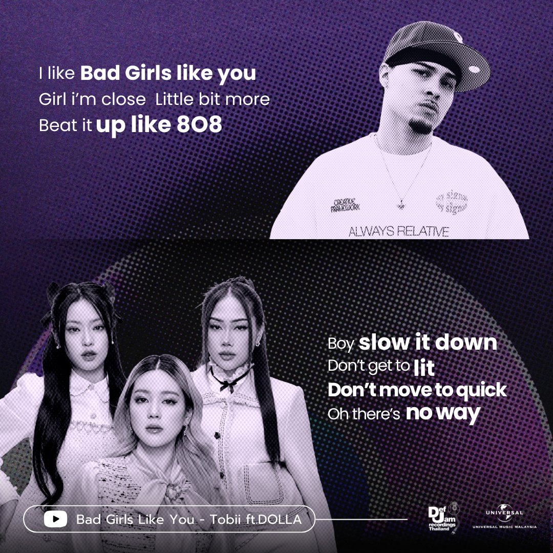 defjamthailand's tweet photo. Beat it up like 8O8 Boy slow it down๐ต๐ฅ
.
"๐๐๐ ๐๐ข๐ซ๐ฅ๐ฌ ๐๐ข๐ค๐ ๐๐จ๐ฎโ English version - Tobii ft.DOLLA๐
Listen NOW โฉhttps://t.co/vvNFBdWlzU
#BadGirlsLikeYou #Tobii #DOLLA #BGLY_EnglishVersion #DefJamTH #DefJamMalaysia #DefJamSEA #UMusicMY @defjamsea https://t.co/7SJC8EWuUP