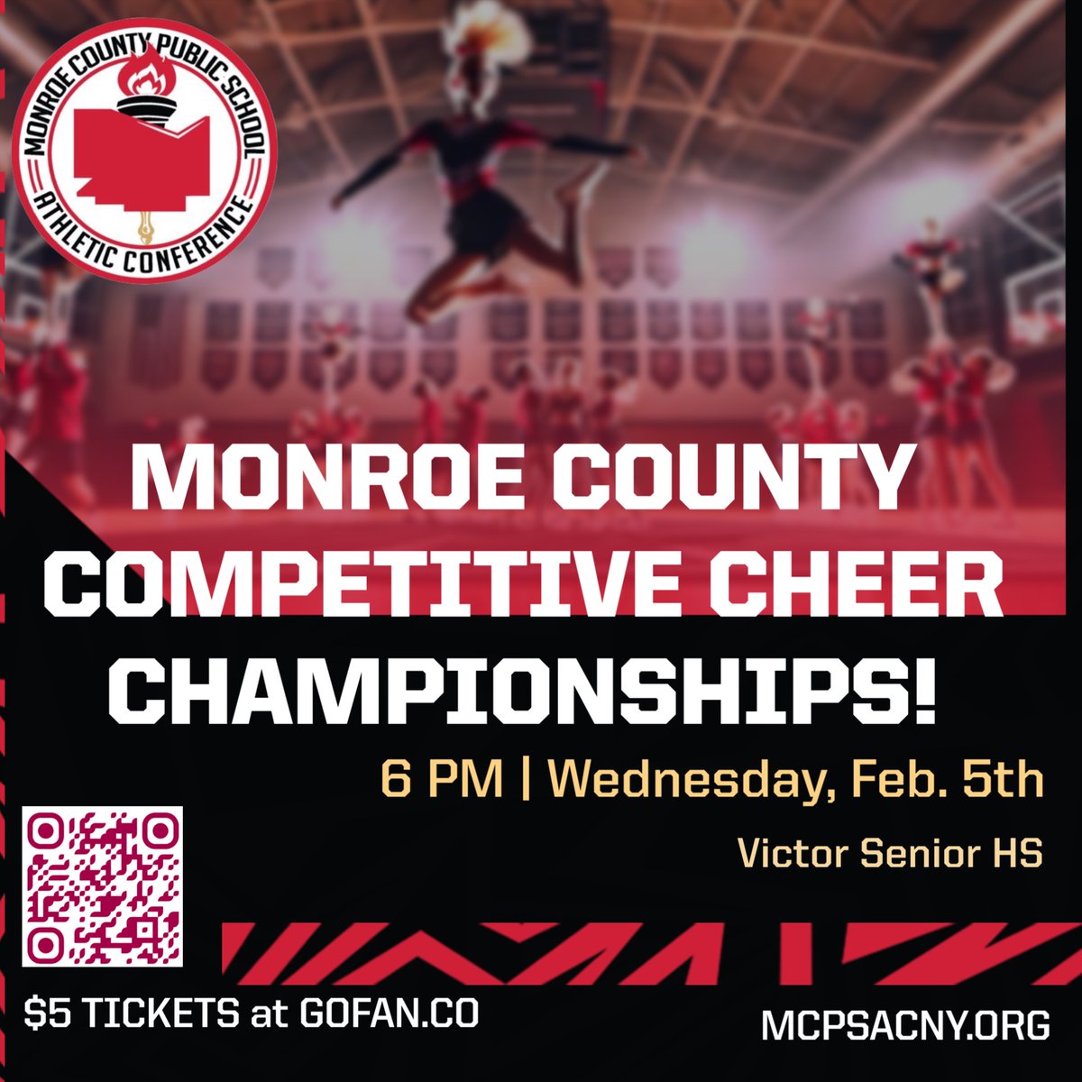 MCPSAC's tweet image. 📣The Monroe County Winter Competitive Cheerleading Championships are 6 PM Wednesday at Victor Sr. HS! Three teams will leave champions in Division I, II and III! Get your tickets now!

🟥 Doors open: 5:30 PM
⬛️ Tickets ($5): gofan.co/app/school/NY1…