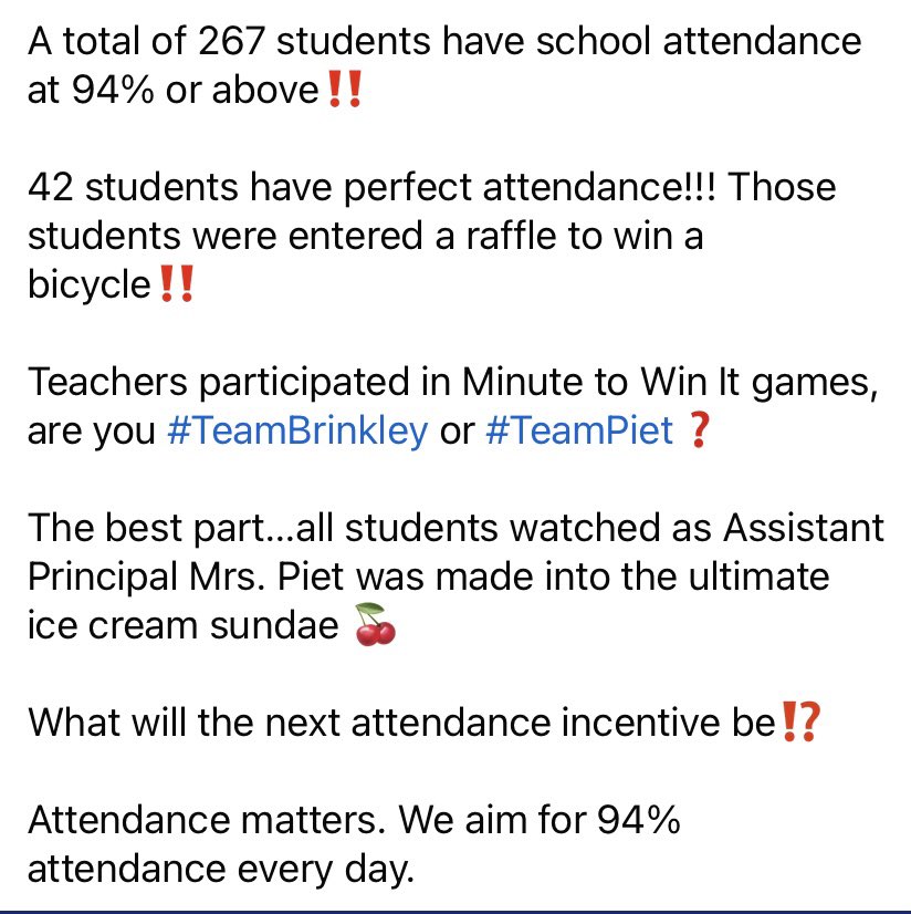 MrsJenPiet's tweet image. Friday was our attendance celebration! Our kids got to enter a raffle for prizes. Team Brinkley crushed the minute to win it game. And all 42 kids with perfect attendance got to make me into an ice cream sundae! @cbrinkleybcps @ReisterstownES @BaltCoPS @S_Mustipher