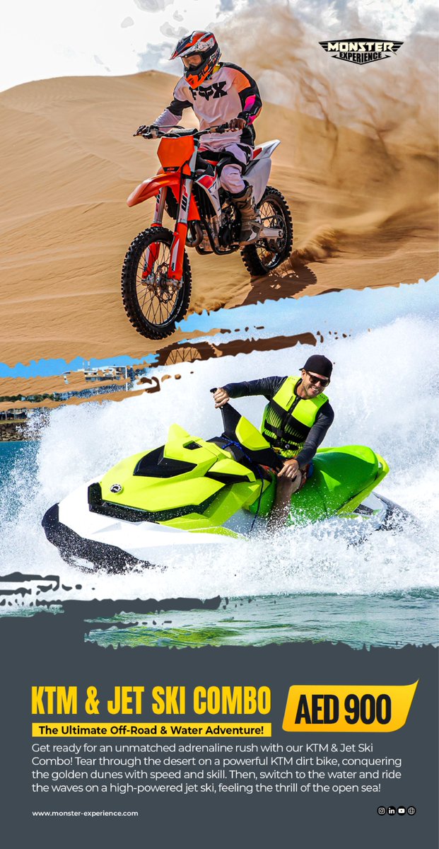 MonsterExperien's tweet photo. 🔥 Get ready for the ultimate thrill! Tear through golden dunes in a high-powered dune buggy, then hit the waves on a jet ski for the perfect adventure combo. 🌊🏜️

Book now with Monster Experience! 🎉
�� https://t.co/uyK5d2ktlH https://t.co/qFwU52YLSM