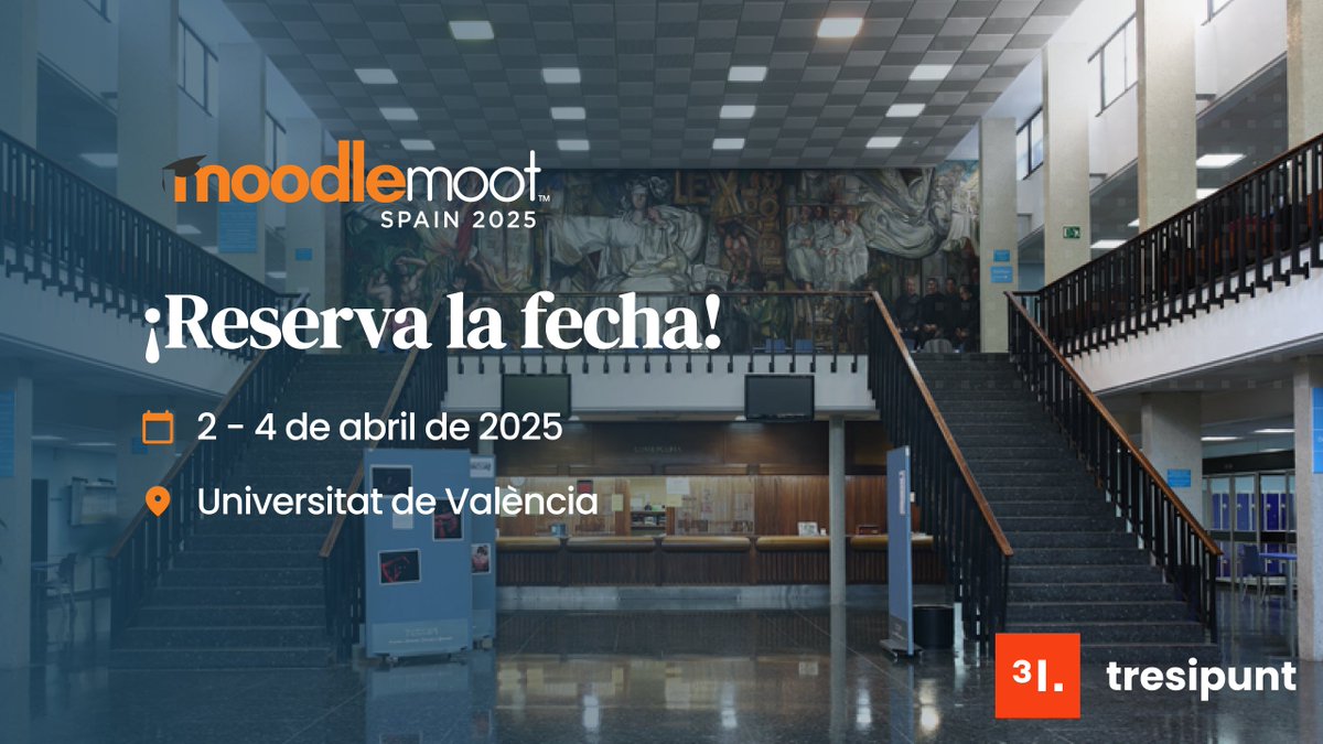 tresipunt's tweet image. 🎟️ Entrades ja disponibles per a la #MootES25!
📅 2-4 d'abril | 📍 Universitat de València
💡 A més, ja pots enviar la teva proposta de presentació.
👉 No et quedis fora de la major cita sobre @moodle a Espanya.
🔗 moodlemoot.es
#letselearntogether @SI_UVEG