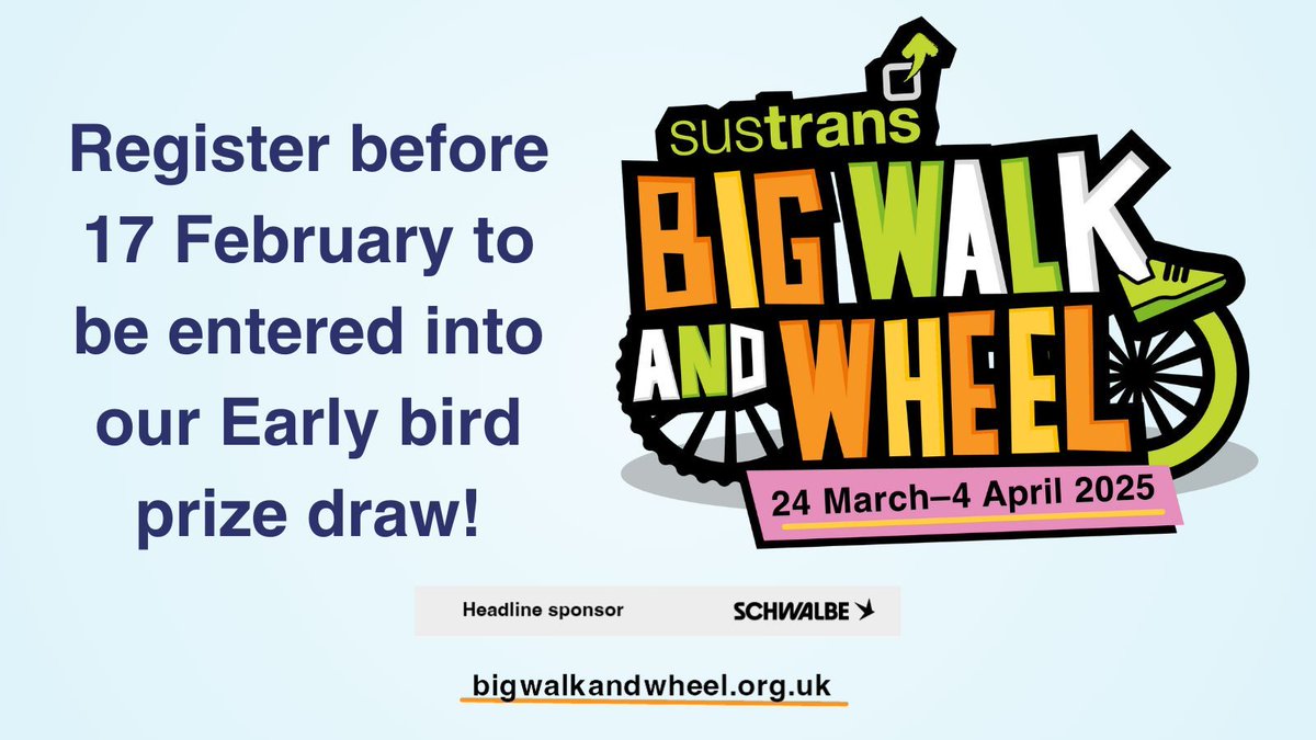 Sustrans (@sustrans) on Twitter photo 📣 Register for the Sustrans #BigWalkAndWheel before 17 February and be entered into our early bird prize draw!
You could win a cycle storage for your school!
Sign up here: buff.ly/3tFSLmf
In partnership with <a href="/SchwalbeUK/">Schwalbe Tyres UK</a>. 📣 Register for the Sustrans #BigWalkAndWheel before 17 February and be entered into our early bird prize draw!
You could win a cycle storage for your school!
Sign up here: buff.ly/3tFSLmf
In partnership with <a href="/SchwalbeUK/">Schwalbe Tyres UK</a>.