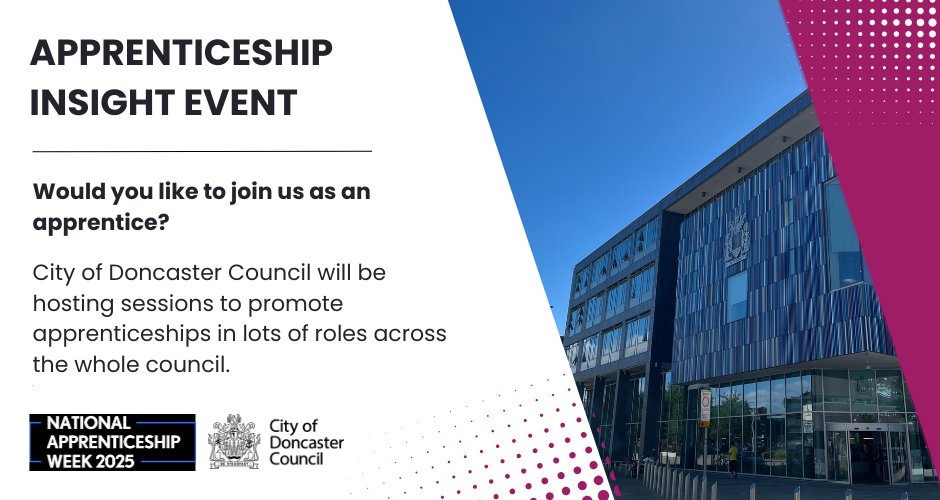 Looking to start an apprenticeship in Doncaster?

We're hosting sessions to promote the apprenticeship opportunities across our organisation on Friday 14 February at the Civic Office, DN1 3BU.

Full details on all sessions &amp; how to book a free place here: doncaster.gov.uk/services/busin…