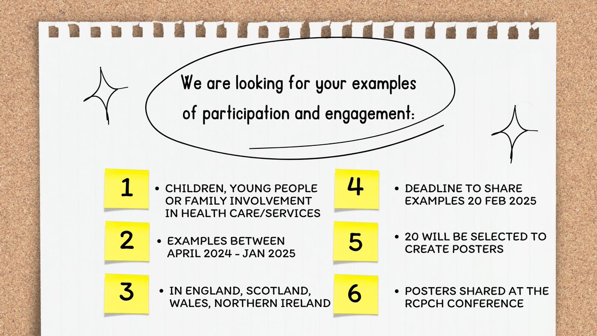 📢We are looking for fantastic examples of children, young people &amp; family engagement in improving child health services
💡20 will be selected to create posters for the RCPCH Conference #RCPCH25
⏰Deadline 20 Feb at 10am
🔗Complete your entry here forms.office.com/e/Qtr9sz9Yvh