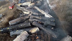 garlandgates's tweet photo. Today in 2023, a  Norfolk Southern (@nscorp) freight train containing #VinylChloride and other hazardous materials derailed and burned in #EastPalestine, #Ohio, releasing #HydrogenChloride and #phosgene into the air and contaminating the #OhioRiver.
#OH #OHpoli #RailSafety https://t.co/mCCd9ockmB