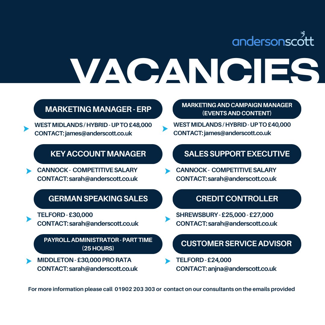 anderscott_sol's tweet image. ⭐ We are currently recruiting some new opportunities including roles in Marketing, Sales, Accounts and Customer Service ⭐

If you would like more information, please feel free to contact on our consultants on the emails provided or call us on 📞 01902 203 303.