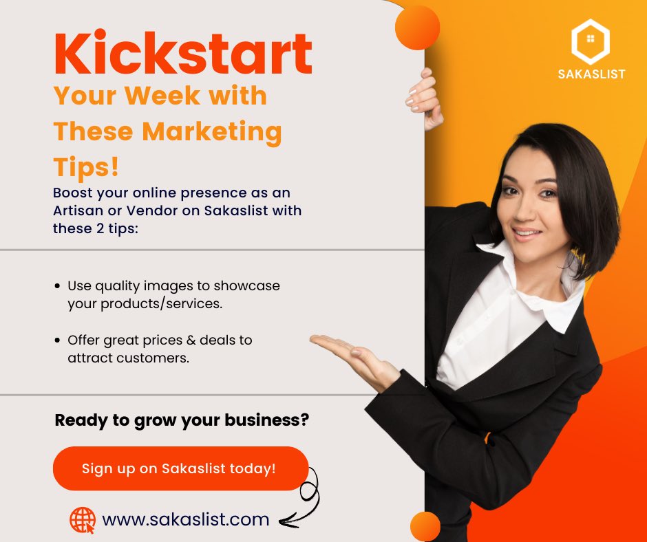 wesabbee's tweet photo. Kickstart Your Week with These Marketing Tips!

Ready to grow your business? Sign up on Sakaslist today! 

(https://t.co/gfbB2YeSdy) 

#Sakaslist
#MondayTips #EcommerceMarketing" https://t.co/oNR02qLZ20