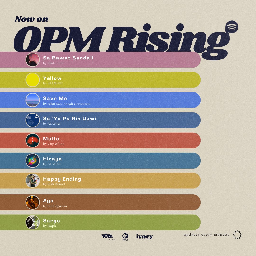 viva_records's tweet photo. Listen to all our rising artists on Spotify's OPM Rising playlist!

#amielsol #allmost #johnroa #sarahgeronimo #alamat #cupofjoe #robdeniel #earlagustin #daph #vivarecords #vicormusic #ivorymusic https://t.co/z5226HmkJS
