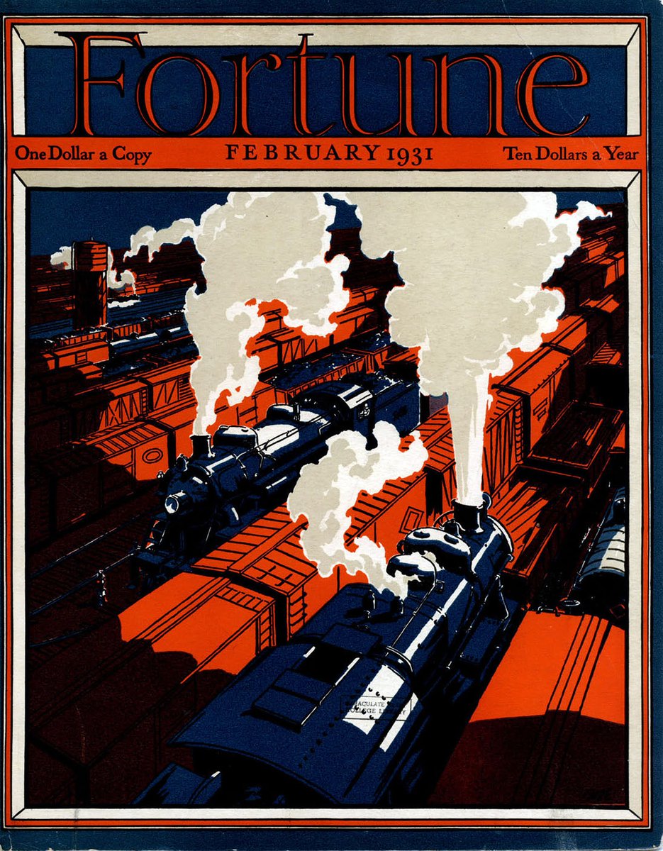 LRonLacy's tweet photo. #Fortune for #FEBRUARY 1931
Illustration by Neal Bose (b. 1894)
Cover of *Fortune*, February 1931
#FortuneCover #illustration #illustrationart #illustrationartists #NealBose #railroads #railroadyard #trainyard #locomotives #freight #freightcars #boxcars https://t.co/Da9Fk4X25k