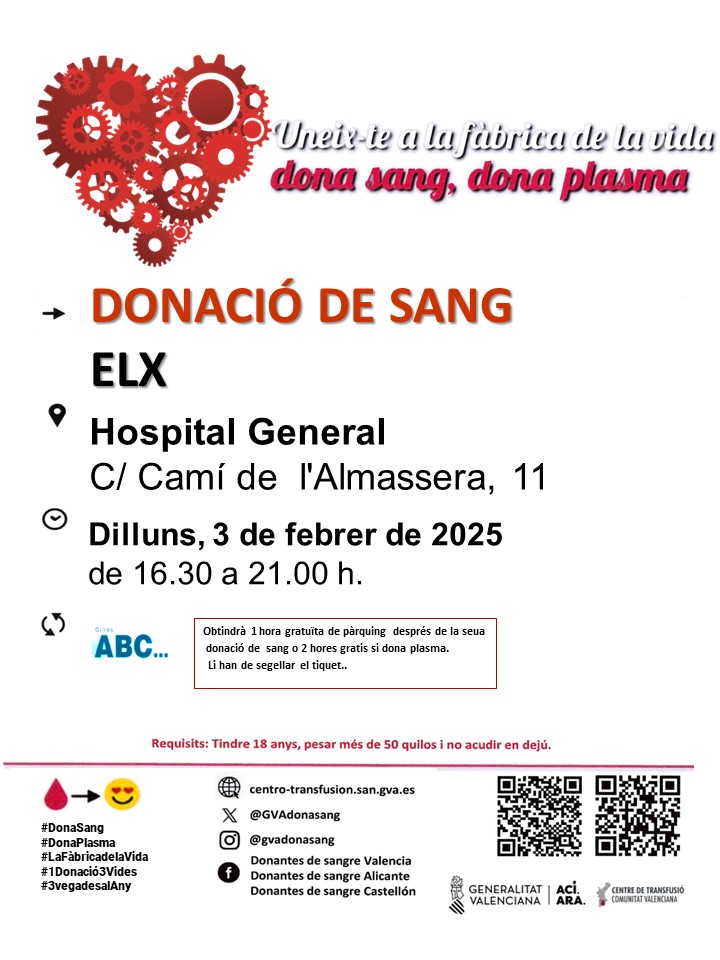 GVAdonasang's tweet photo. Donació de sang a #Elx
📅Dilluns #3febrer
Per a tractaments oncològics, intervencions quirúrgiques, trasplantaments...la teua donació de sang  és insubstituïble.  

#DonaSang #DonaPlasma 
Uneix-te a #LaFàbricaDeLaVida ❤️ https://t.co/AUmfhQA6fA