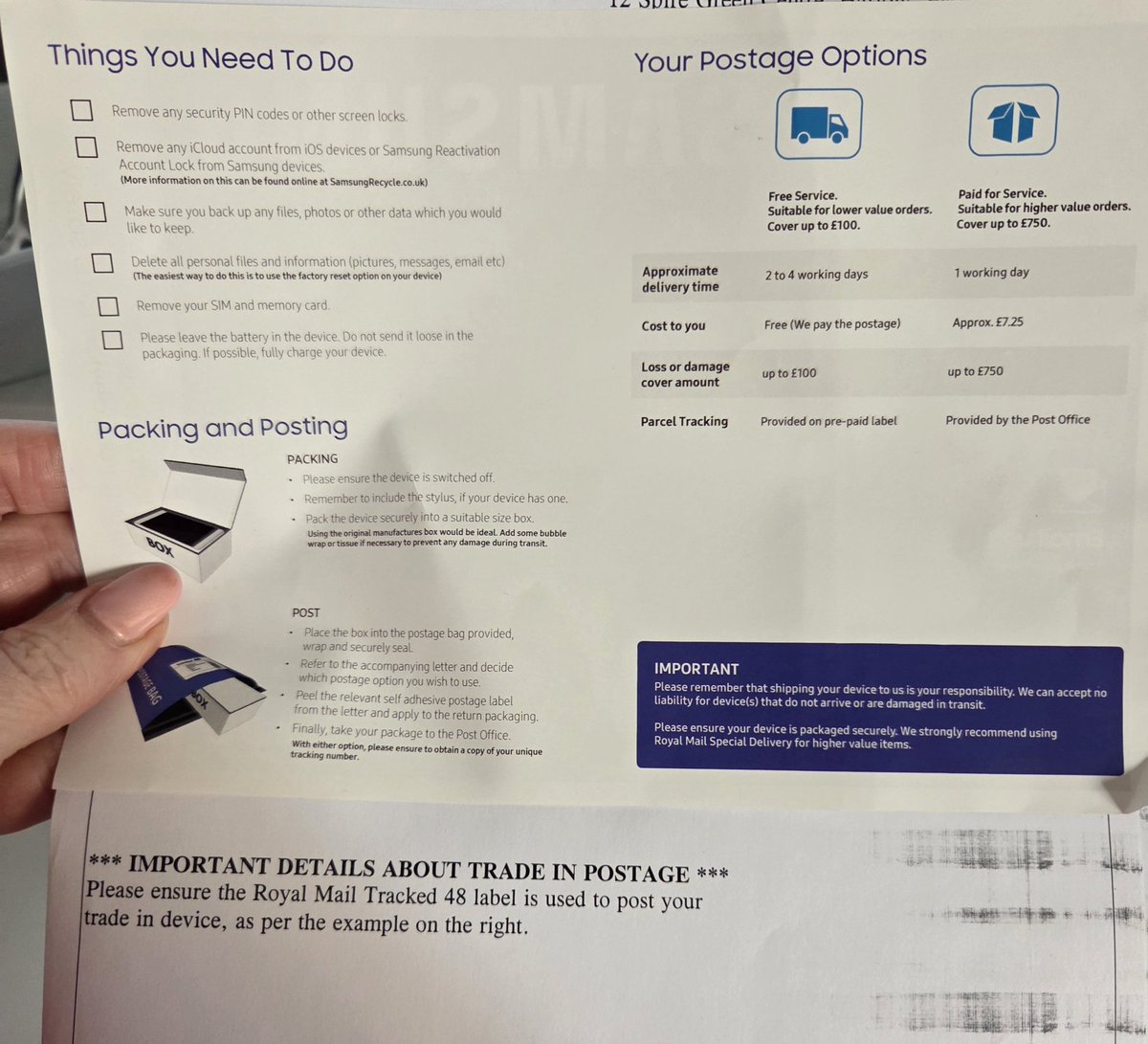 traceylowe's tweet photo. @SamsungUK I don't need your online shop people.  I already made the purchase and am trying to work through the trade in. If I use the pre printed label will the value of the insurance be upto £750? I only have one label in my return pack. https://t.co/bz0T2UegvW