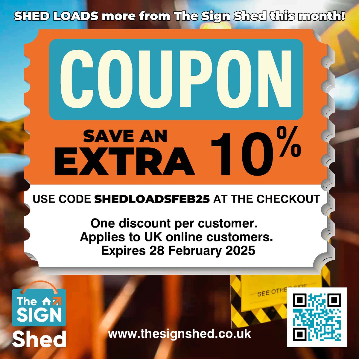 Save an extra 10% at The Sign Shed this month! Use discount code SHEDLOADSFEB25 at the checkout. Offer applies to UK online orders and expires on 28th February 2025. One discount per customer.
For more details visit thesignshed.co.uk/pages/shed-loa…

#thesignshed #discounts #safetysigns