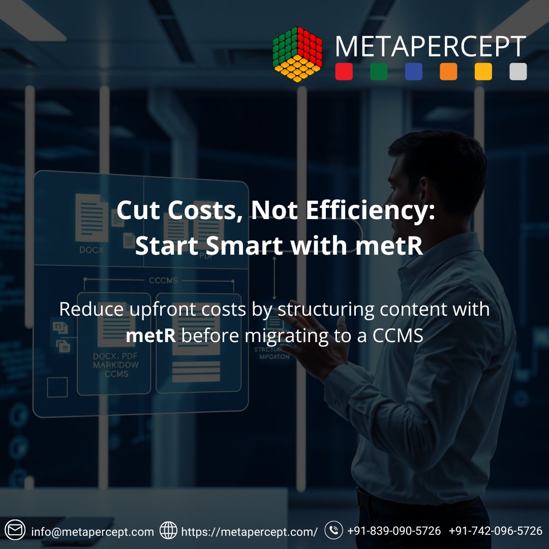 MetaPercept's tweet image. Avoid high #CCMS costs! 💰 Start smart with metR—convert unstructured content to #DITA, manage in GitHub &amp;amp; publish on-demand (PDF, HTML). Optimize now, scale later! 🚀 #ContentMigration #TechDocs #DigitalTransformation