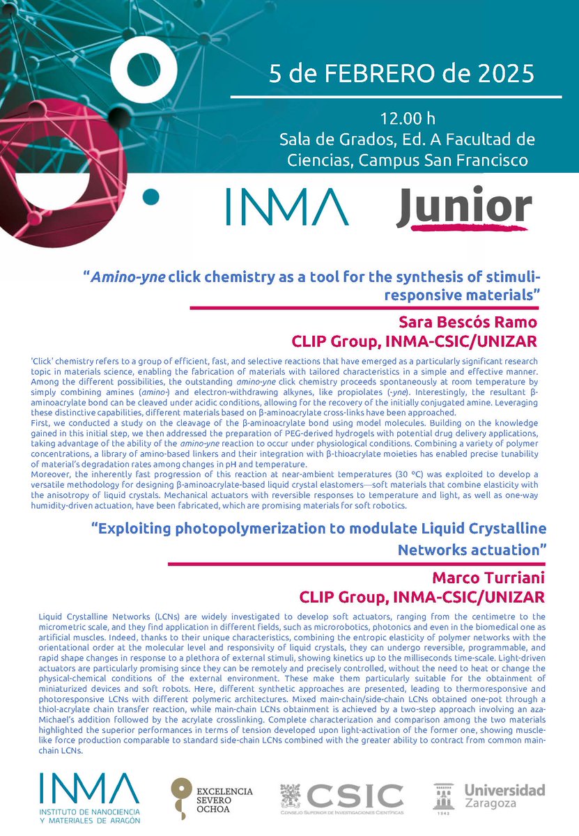 INMAdivulga (@inmadivulga) on Twitter photo 🆕 SEMINARIO INMA Junior con Sara Bescós y Marco Turriani
inma.unizar-csic.es/agenda-eventos…
📅 5 febrero
⏰12h
📍 Salón de Grados <a href="/Ciencias_Unizar/">Ciencias_Unizar</a> <a href="/unizar/">Universidad Zaragoza</a>
<a href="/AragonCsic/">CSIC Aragón</a> 🆕 SEMINARIO INMA Junior con Sara Bescós y Marco Turriani
inma.unizar-csic.es/agenda-eventos…
📅 5 febrero
⏰12h
📍 Salón de Grados <a href="/Ciencias_Unizar/">Ciencias_Unizar</a> <a href="/unizar/">Universidad Zaragoza</a>
<a href="/AragonCsic/">CSIC Aragón</a>
