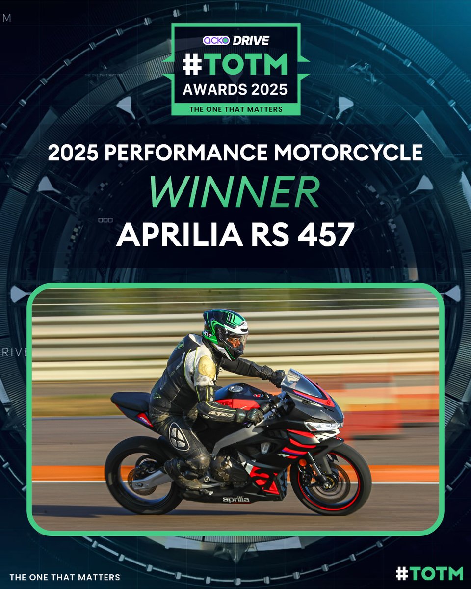 AckoDrive's tweet photo. .@ApriliaIndia 's first made-in-India bike, the #RS457 is the Performance Bike of the Year. Umesh Khade from @hpcl and @ameya_naik from @AckoDrive present the #TOTM to Apoorva Saigal.
#TheTOTMs #2025TOTM #AckoDriveAwards https://t.co/UbQ3p9DUiM