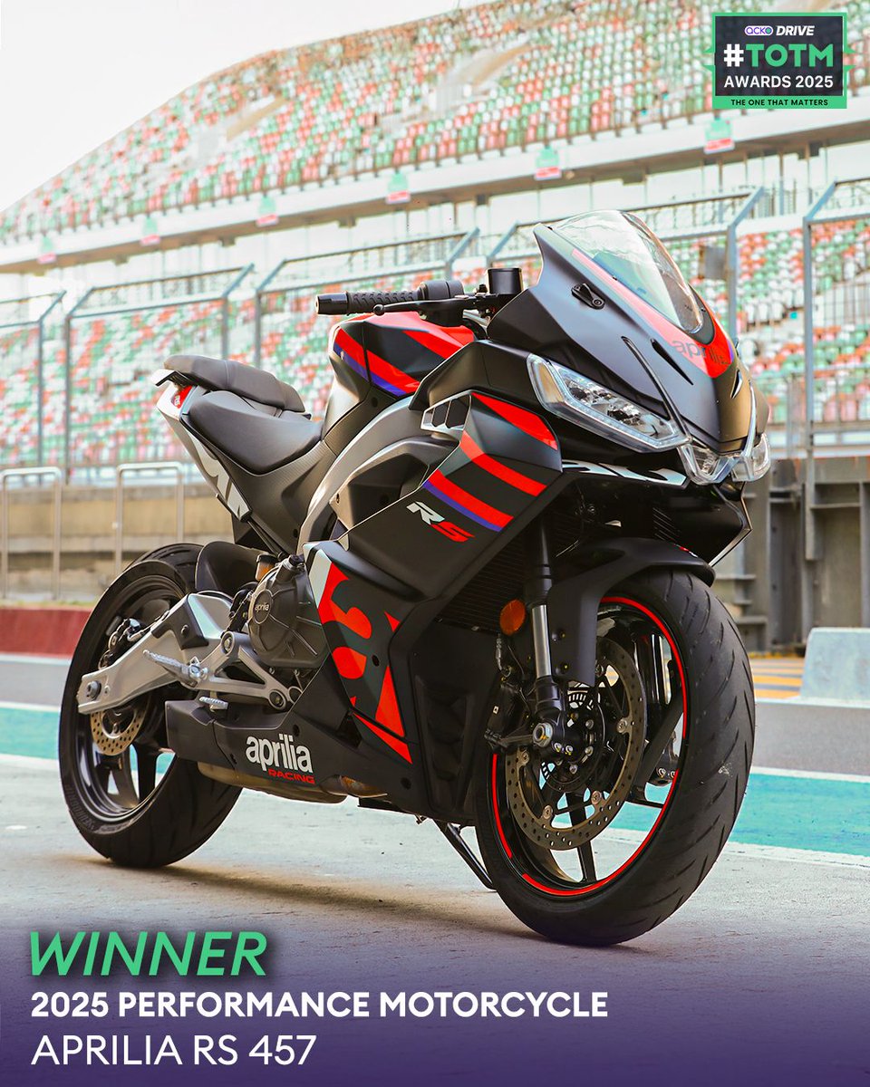 AckoDrive's tweet photo. .@ApriliaIndia 's first made-in-India bike, the #RS457 is the Performance Bike of the Year. Umesh Khade from @hpcl and @ameya_naik from @AckoDrive present the #TOTM to Apoorva Saigal.
#TheTOTMs #2025TOTM #AckoDriveAwards https://t.co/UbQ3p9DUiM