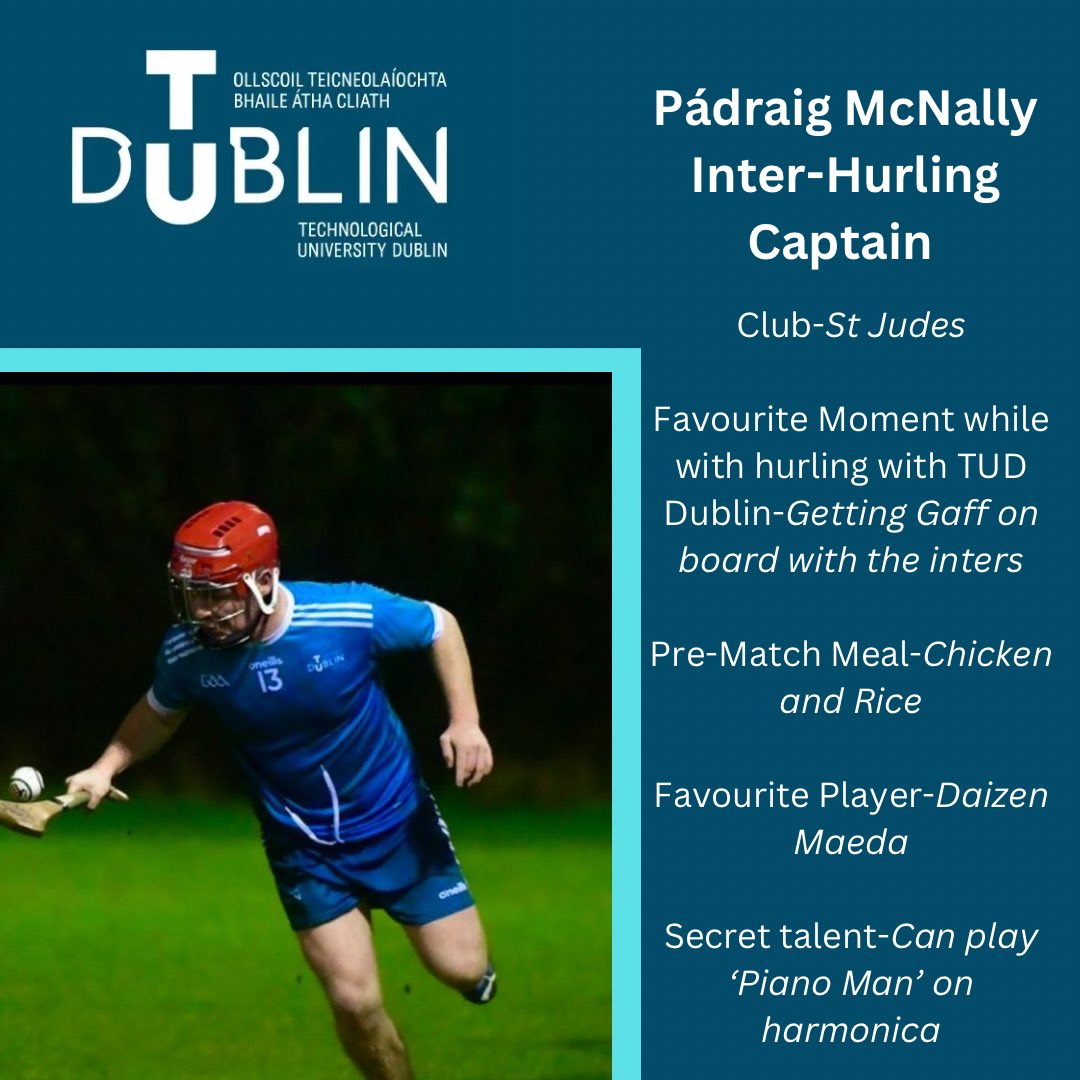 Meet Padraig our inter hurling captain.
See him and the inters in action on Tuesday away against Maynooth University
Throw in at 8pm
Best of luck to players and management
#WeAreTUDublin #supportingyoungirishathletes
#TUDublinGAA #teamdavy
