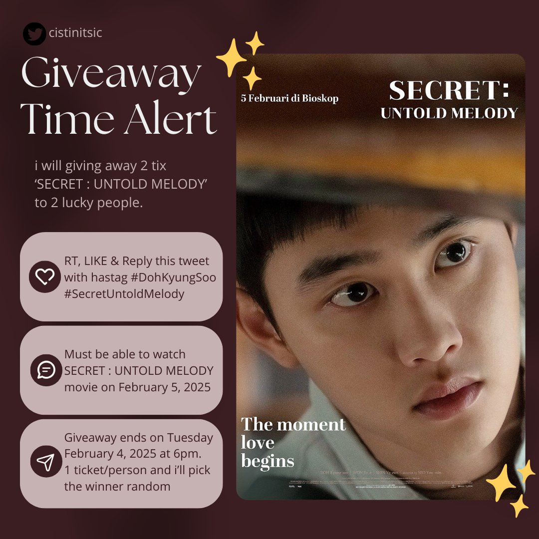 cistinitsic's tweet photo. 🎹 FAST GIVEAWAY 🎹

2 ticket 'SECRET : UNTOLD MELODY' for 2 lucky people FREE🥳
Detail on pict, goodluck guys✨🤍

#말할수없는비밀 #SecretUntoldMelody #도경수 #디오 #KYUNGSOO #ギョンス https://t.co/ppysdqOA0h
