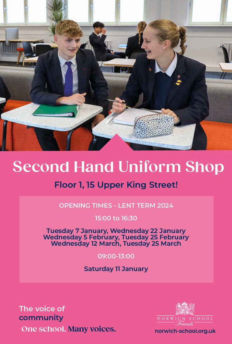 NorSchFriends's tweet photo. Shop opening times this week is from 3pm-4:30pm on Wednesday 5th February. 

Many new &amp; pre-loved uniform and sports items for sale in our lovely shop. 

@NorwichSchool @NorwichLS @NorwichLowerSch https://t.co/KTELJC4sCw