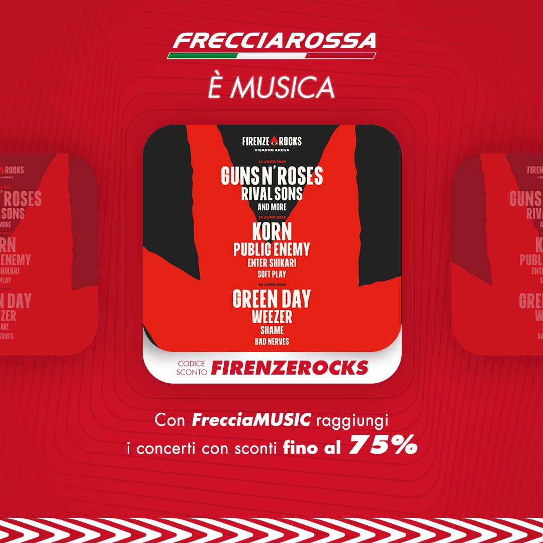 Frecciarossa_IT (@frecciarossa_it) on Twitter photo 🎸 <a href="/FirenzeRocks/">Firenze Rocks</a> torna a entusiasmare la città con #GunsNRoses, #Green Day, #Korn e tanti
altri. ❤️🔥 Raggiungi Firenze con #FrecciaMUSIC: usa il
codice FIRENZEROCKS e viaggia con sconti fino al 75% 👉
bit.ly/F-Rocks
#FirenzeRocks <a href="/LiveNationIT/">Live Nation Italia</a> 🎸 <a href="/FirenzeRocks/">Firenze Rocks</a> torna a entusiasmare la città con #GunsNRoses, #Green Day, #Korn e tanti
altri. ❤️🔥 Raggiungi Firenze con #FrecciaMUSIC: usa il
codice FIRENZEROCKS e viaggia con sconti fino al 75% 👉
bit.ly/F-Rocks
#FirenzeRocks <a href="/LiveNationIT/">Live Nation Italia</a>