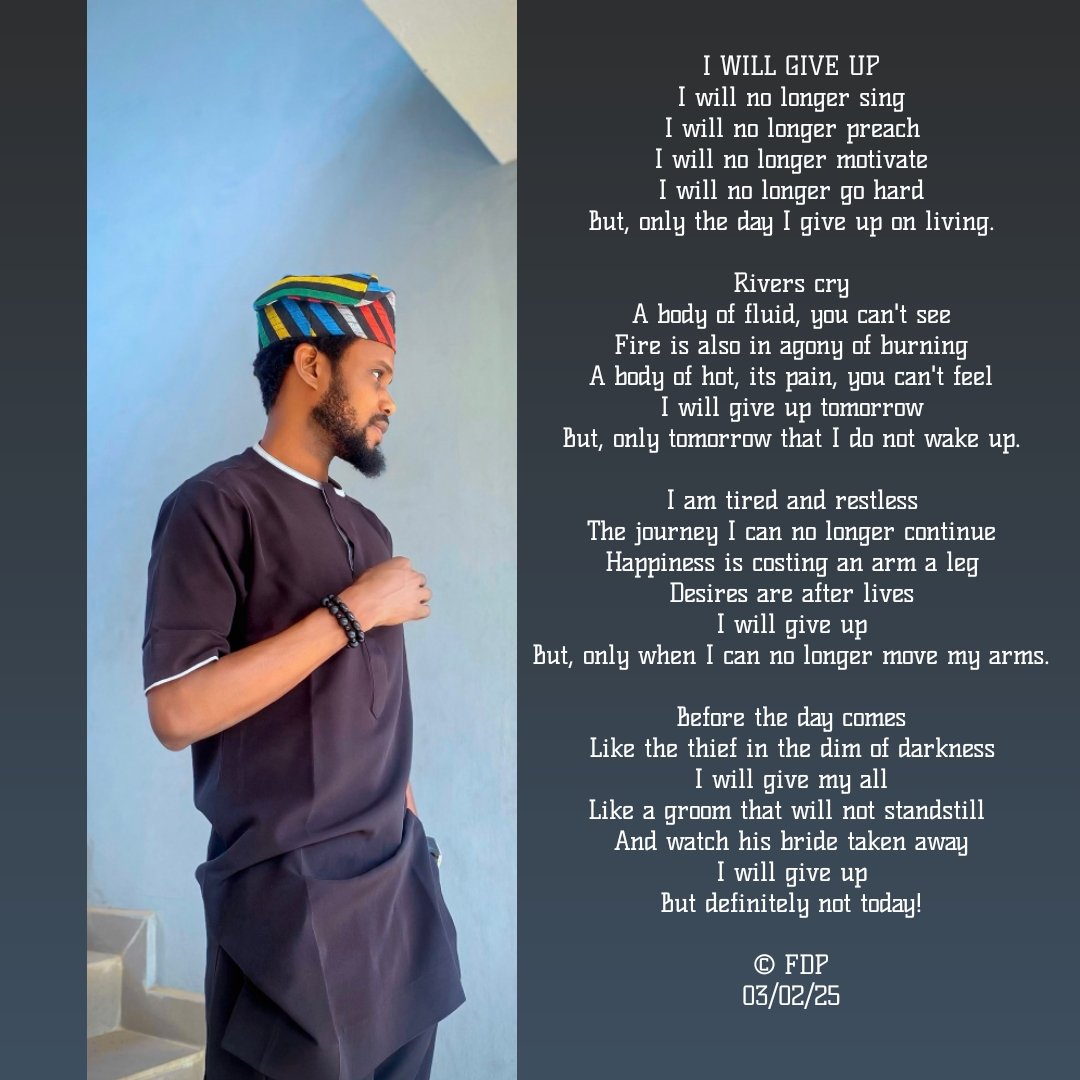 FDPDigitals's tweet photo. One day, effortlessly I'll give up
I'll neither fight my demons, nor my worries
Willingly I'll submit to my fate
But that day is not today!!
#FDPWrites Day01 https://t.co/n26DhiRJTk