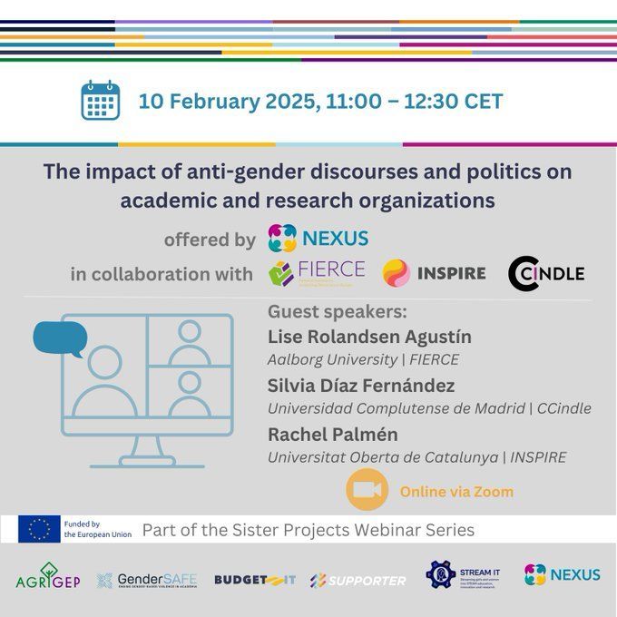 Check out this upcoming webinar: “The Impact of Anti-Gender Discourses and Politics on Academic and Research Organizations” 

Organised by the Nexus Project in collaboration with FIERCE, Inspire &amp; CINDLE.

Sign up ⤵️ buff.ly/3Ee4m3r