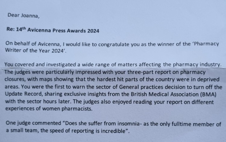 Absolutely thrilled to have been awarded Pharmacy Writer of the Year at the <a href="/Avicennaplc/">Avicenna</a> Pharmacy Media Awards on Friday.