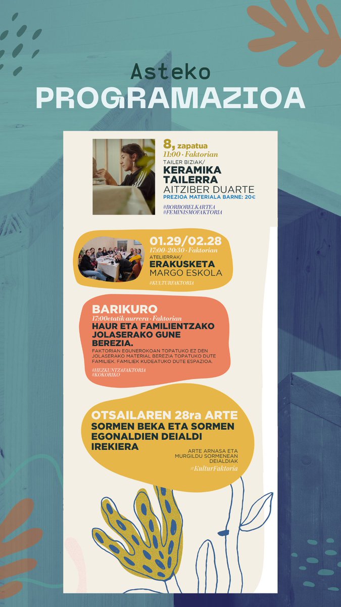 💥Aste honetako programazioa💥
Info+whatsapp kanalean: labur.eus/FaktoriaKanala
- Otsaileko Keramika Tailerra 4 toki gelditzen dira: labur.eus/Keramika2
- Sormen beken eta egonaldien deialdia, oinarriak eta info+: kulturfaktoria.eus/bekak eta kulturfaktoria.eus/egonaldiak