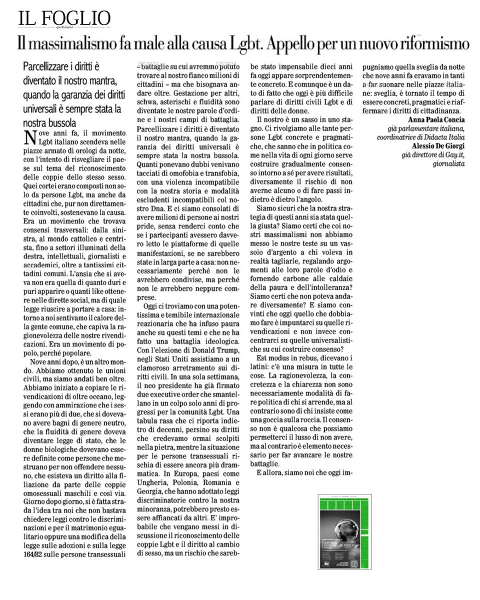 L’articolo mio e di <a href="/annapaolaconcia/">anna paola concia</a> oggi su <a href="/ilfoglio_it/">Il Foglio</a>:è l’ora di una sveglia per il movimento LGBT, quella di ritornare a battaglie universalistiche,che trovino il consenso popolare, che non regalino argomenti ad una destra reazionaria pronta a massacrare 50 anni di conquiste