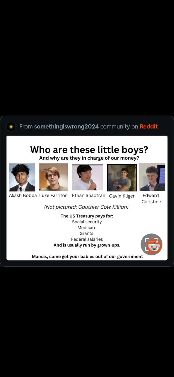 FloreyBarb's tweet photo. @madlaine63 @RonFilipkowski Worse yet, his DOGE ‘crew’ are a bunch of half a dozen KIDS. Interns, barely out of college, one being only 19 and purportedly in college. With their juvenile paws in our entire government. This must STOP. https://t.co/gZRasUXqJg