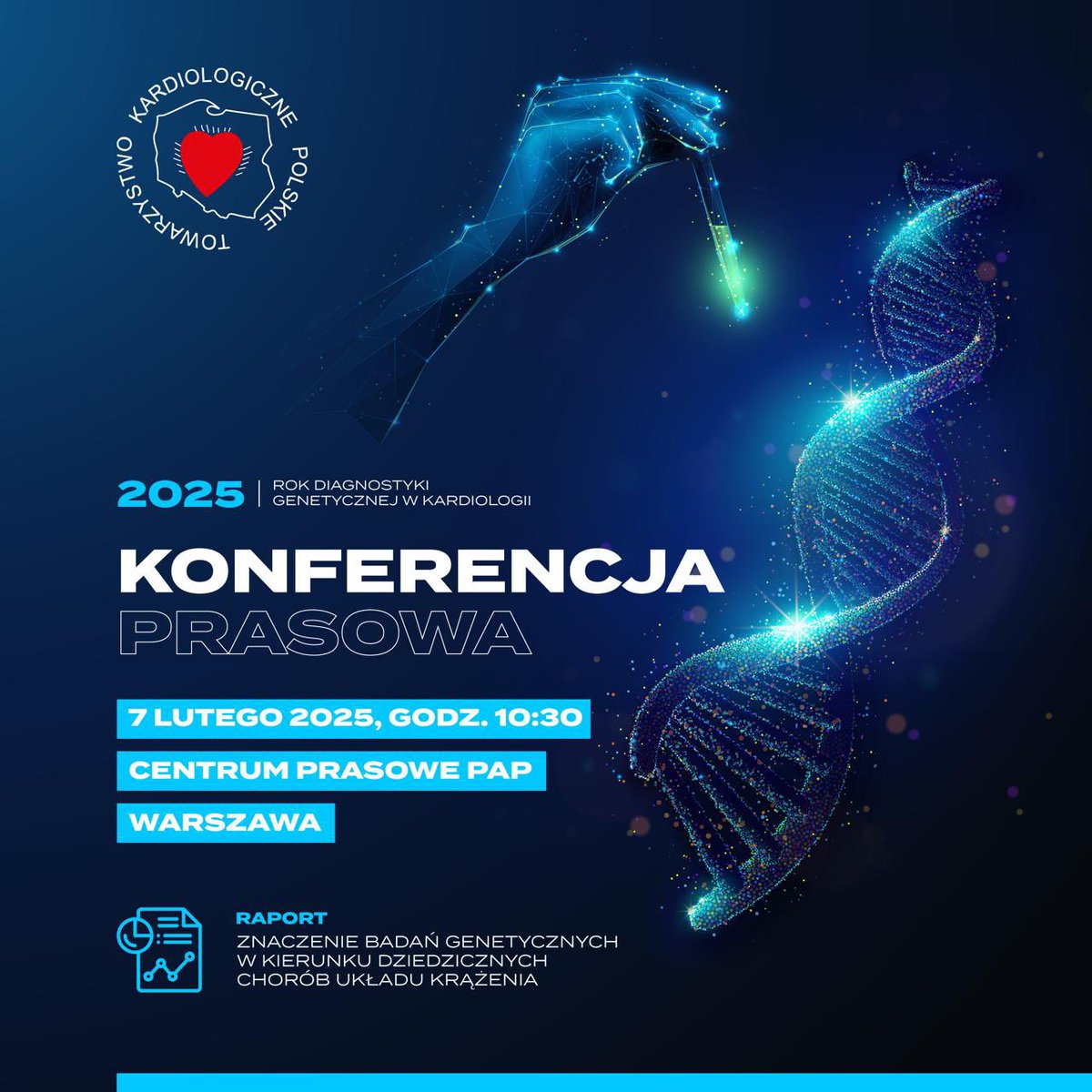 PTKardio's tweet photo. Już 7 lutego w @CentrumPrasowe odbędzie się #konferencjaprasowa, podczas której omówimy #raport „Znaczenie badań genetycznych w kierunku dziedzicznych chorób układu krążenia”. 
Ważny temat, zwłaszcza w kontekście „roku diagnostyki genetycznej” #PTK #dlamediow #prasa https://t.co/aEEXxA5Axt