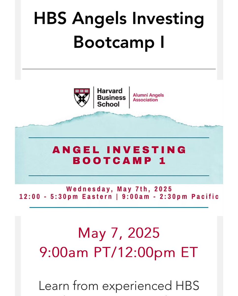 HBSAlumniAngels's tweet photo. Learn from experienced HBS Angel Investors across the US on how to start, identify key opportunities, and build a high-potential portfolio in this fast-paced introductory program.
Click the link to register (https://t.co/gqf8DZ1yOs)
#HBSAngelInvestors #AngelInvesting #Investments https://t.co/Niedi9OVlY