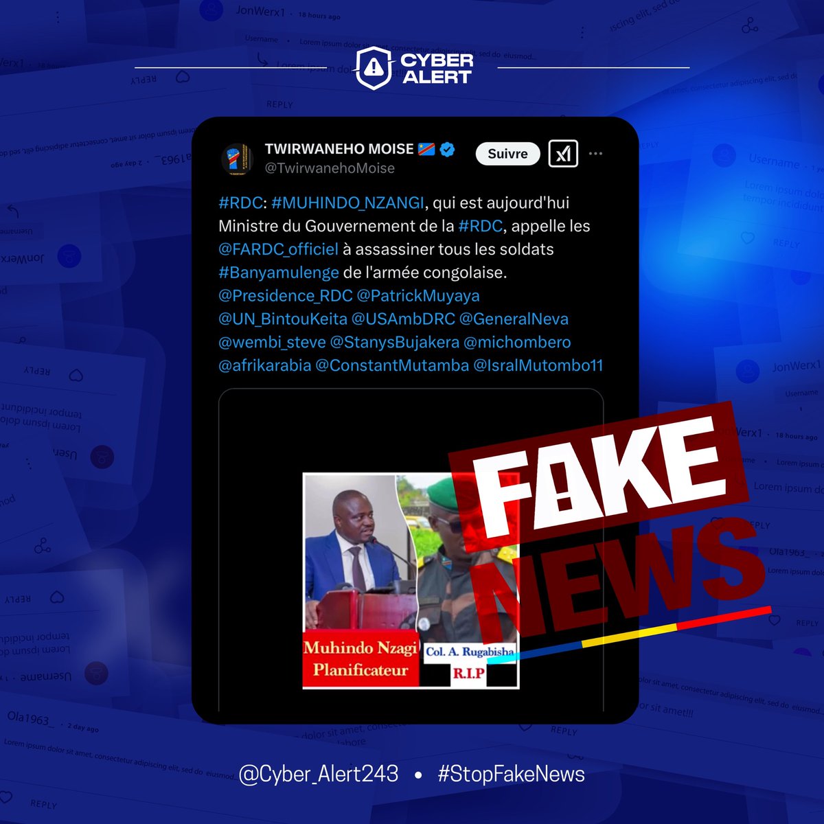 Cyber_Alert243's tweet photo. Il s'agit d'une désinformation visant à discréditer le Ministre @butondonzangi dans le but de manipuler l'opinion publique. Aucun enregistrement audio ni aucune vidéo ne corroborent les accusations portées contre le Ministre.
#StopFakeNews
#CyberAlert243 https://t.co/NWEo8SMcvj