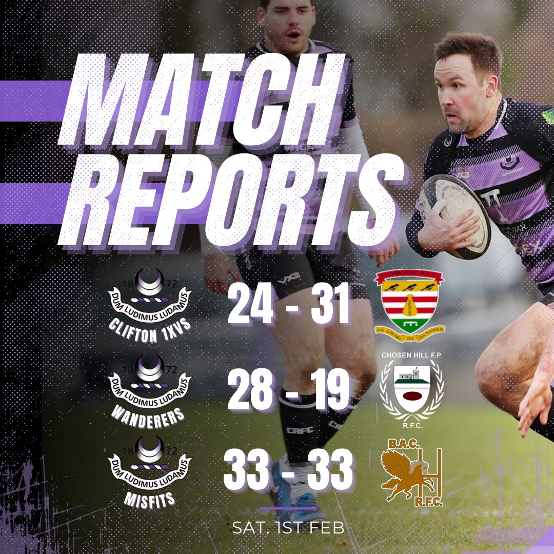 cliftonrugby's tweet photo. The match reports are in from this weekend's games! 👀
🏉 Clifton 1st XV 24 - 31 @cambornerfc
🏉 Wanderers 28 - 19 @CHFPRFC 1st XV
🏉 Misfits 33 - 33 @BACRFC
📖 Read the full match reports via https://t.co/rc1cB2UP6o
#CliftonRugby #MatchReports #Clifton1XV #Wanderers #Misfits https://t.co/e0uwEy6Och