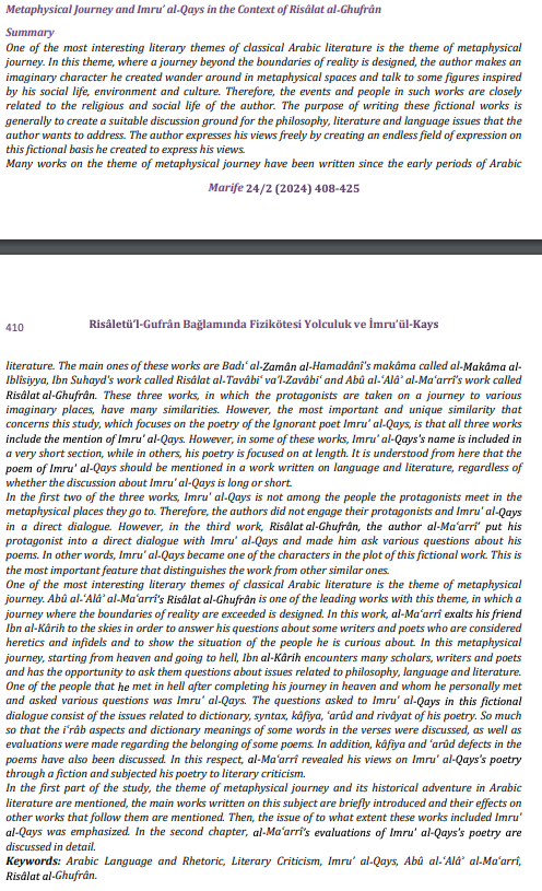 📚 Güncel sayımızda neler var?

📅 Cilt: 24 | Sayı: 2 | Aralık 2024

🖋️ Yazar: Halis Dişci <a href="/hlsdsc/">halis dişci</a> 

📄 Makale: Risâletü’l-Gufrân Bağlamında Fizikötesi Yolculuk ve İmru’ül-Kays

🔗 marife.org/tr/pub/issue/8…