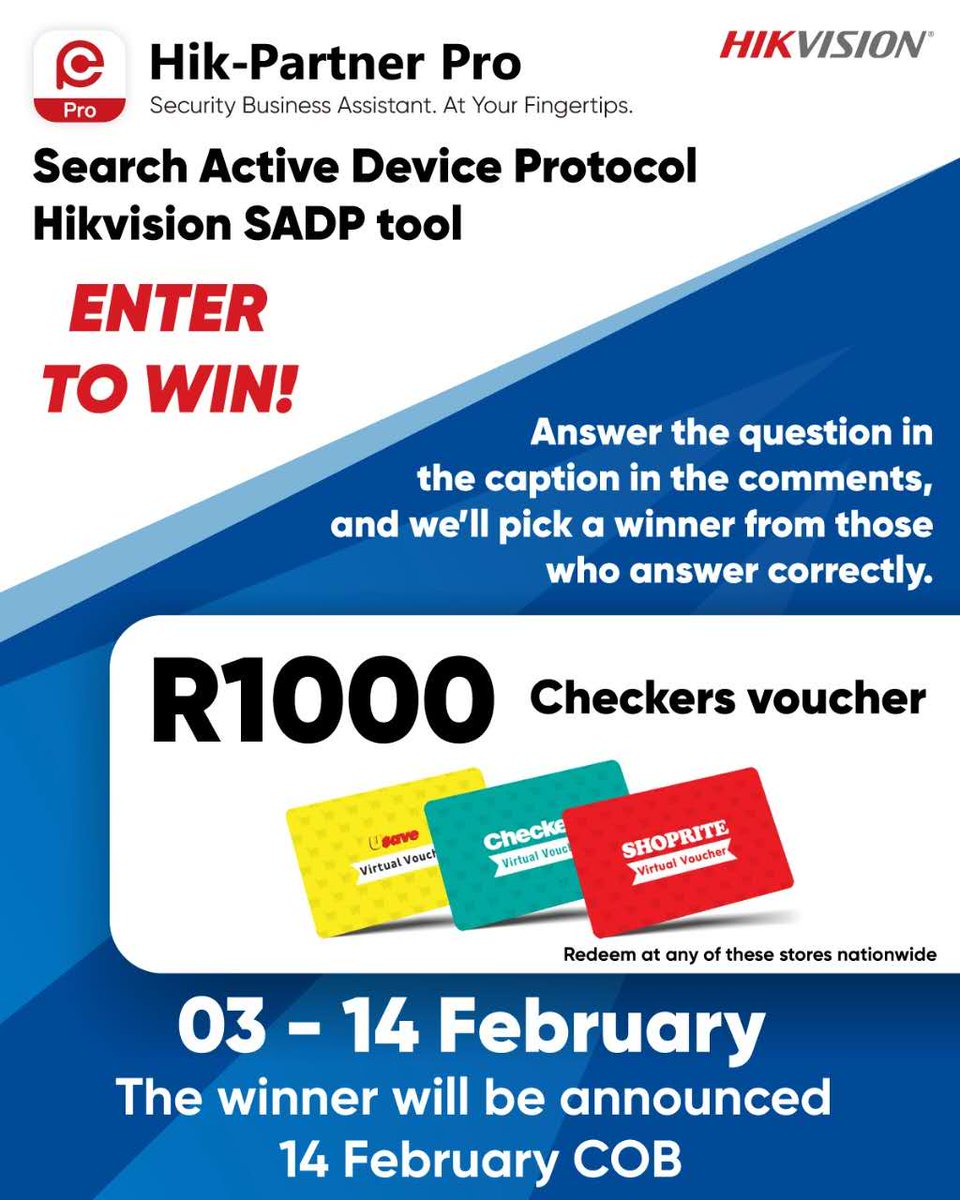 Hikvision_SA's tweet photo. Join #HIKVISION, answer and stand the chance to WIN R1000 Shoprite group voucher via #HikPartnerPro

The winner will be announced on 14th Feb. https://t.co/UZdcMxOHCl